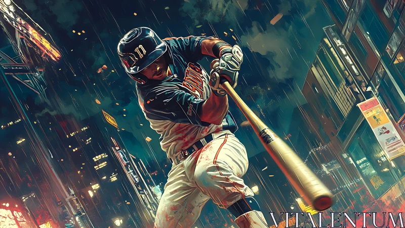 Midnight slugger carves neon streaks through a rainy city