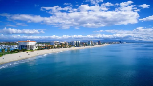 Photorealistic coastal panorama with clifftop housing banded urbanism.