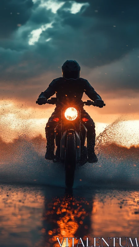 Motorcyclist cuts stormy roadway with blazing headlight glow.