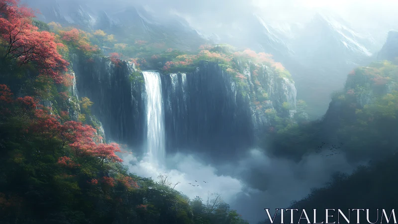 Mistbound cascade amid crimson forests and ghostly peaks.