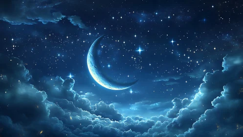 Digital painting of crescent moon amid luminous cloud strata.