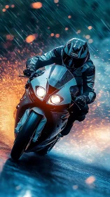 Motorcyclist cuts through rainy night in blazing neon spray