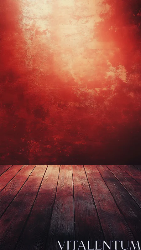 Textured crimson wall with directional lighting over wood floor.