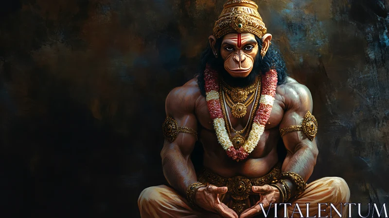 Muscular monkey deity settles into calm, jewel bright focus