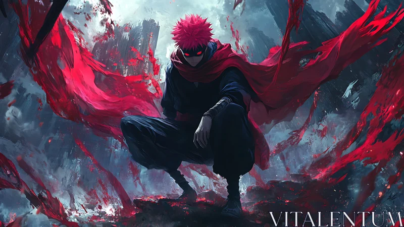 Crimson rogue crouches amid storm of tearing red cloth.