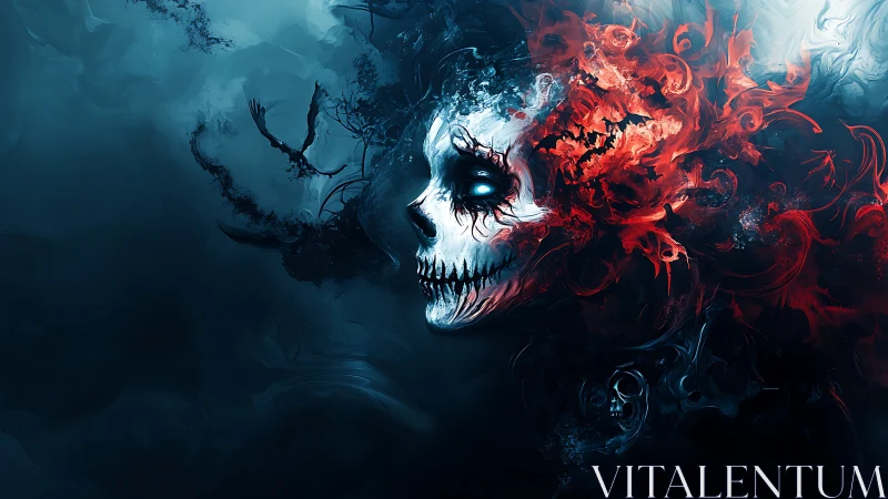 Digital painting of spectral skull with eruptive red energy plume.