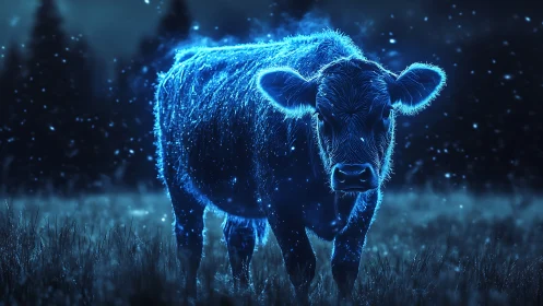 Starlit neon cow wandering a midnight meadow of silence.