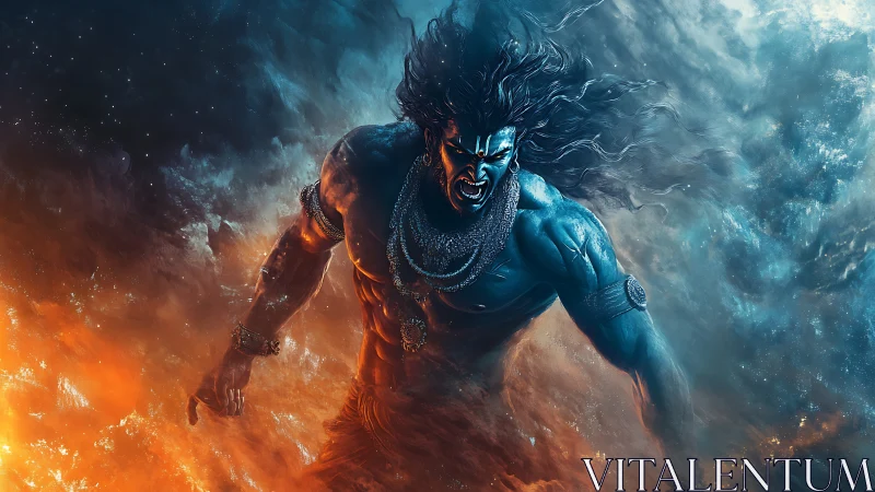 Fiery blue warrior strides through swirling cosmic storm.