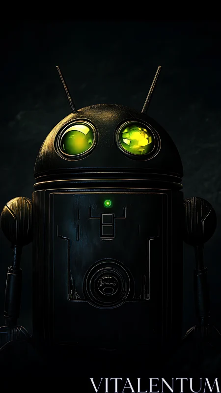 Chrome android robot stands in moody green backlight