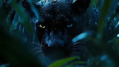 Midnight Prowler's Luminous Gaze Through Monsoon Mist.