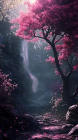 Vertical scene shows pink-blossomed tree beside rocky waterfall