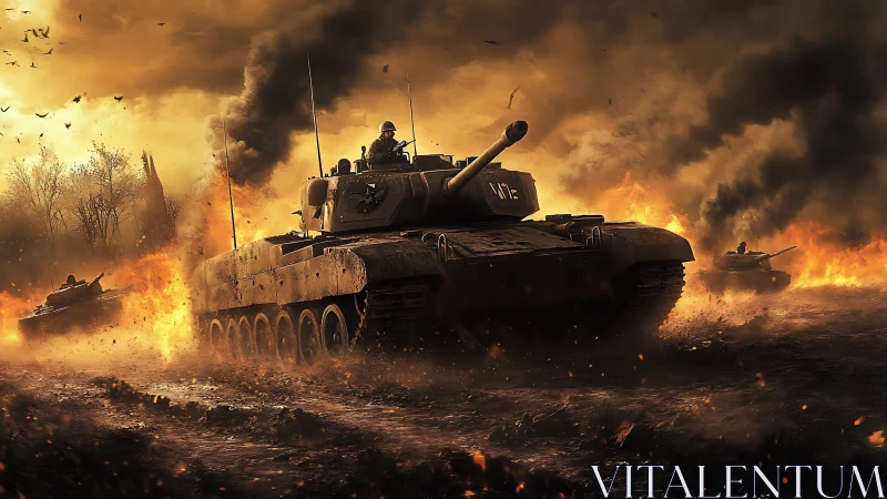 Armored battle tank advances through blazing warzone inferno