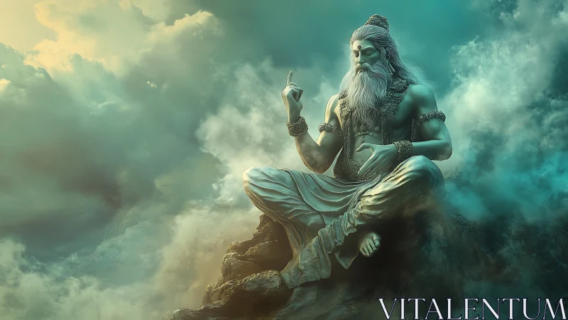 Meditating sage statue seated on rocky peak in clouds.