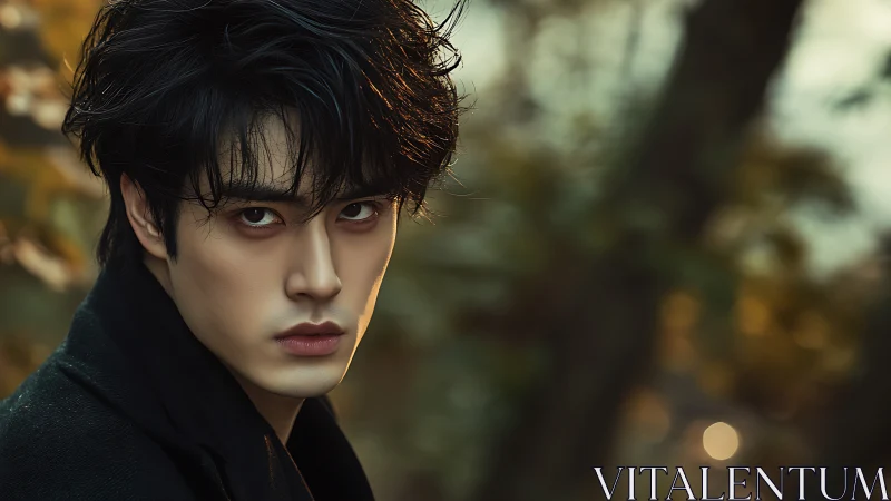 Intense young man gazes through soft autumn forest light.