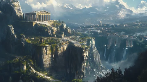 Ancient-style temple on vast cliffside cityscape plateau.
