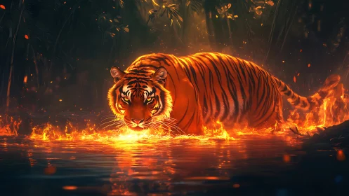 Firelit tiger strides through blazing river at night.