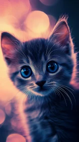 Blue-Eyed Kitten with Warm Bokeh Lighting.