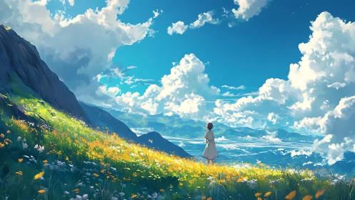 Sky-drunk hillside dream with a lone wanderer listening up.