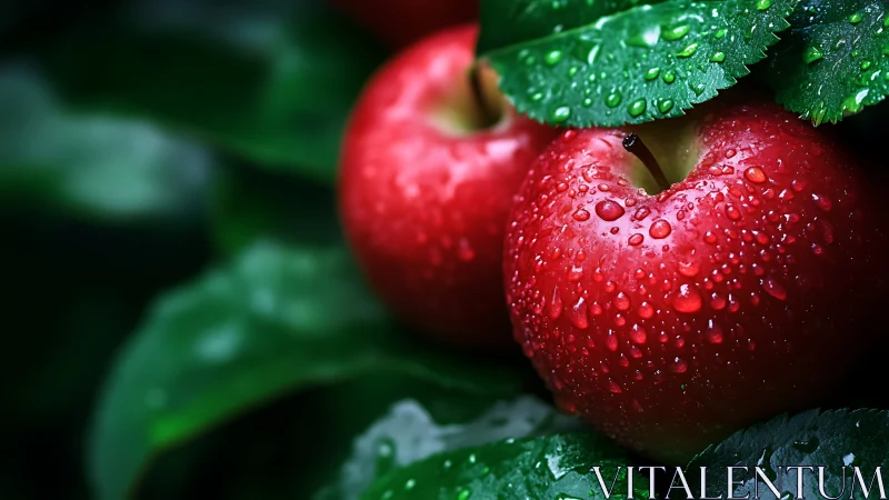 Fresh red apples with water droplets in dark green leaves.