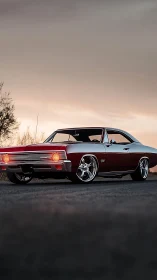Low-angle study of customized classic coupe under diffuse sunset sky