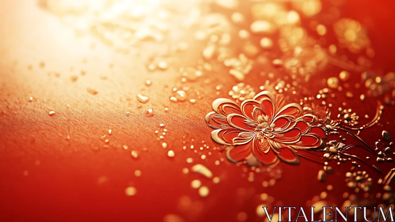 Golden floral relief on radiant red metallic surface.