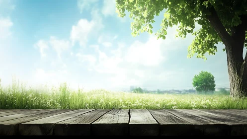 Sunlit wooden deck opening onto a peaceful spring meadow.