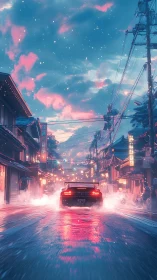 Sports car drives through neon lit wet street at twilight