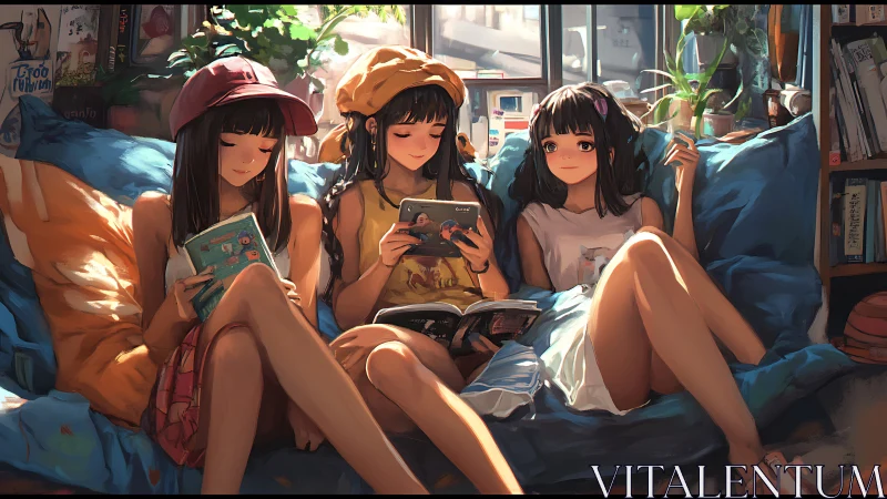 Three girls relaxing on sofa with manga and handheld game.