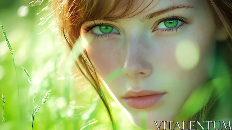 Bright green gaze in sunlit meadow close-up portrait.
