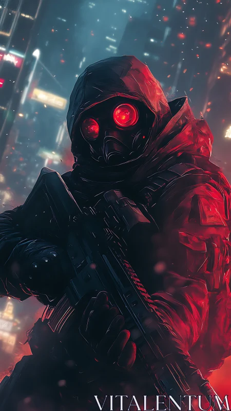 Cyber soldier grips rifle under neon storm-lit skyline.