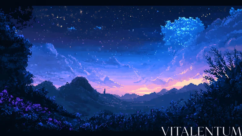 Pixel landscape shows twilight mountains and starry sky