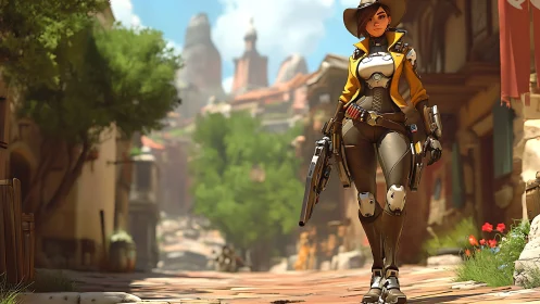 Armored cowgirl operative strides through sunlit desert town