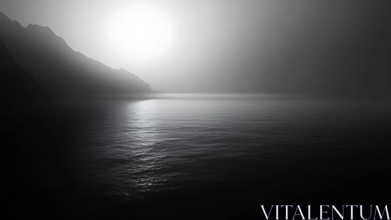Monochrome coastal sunrise over calm reflective water surface.