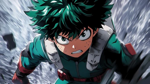 Determined green-haired hero charging through shattered ground.