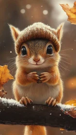 Cozy acorn dreamer in a knitted hat on frosty autumn bough.