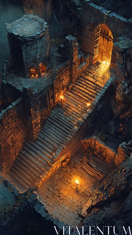 Warm torchlit stairway leading into a mysterious fortress.