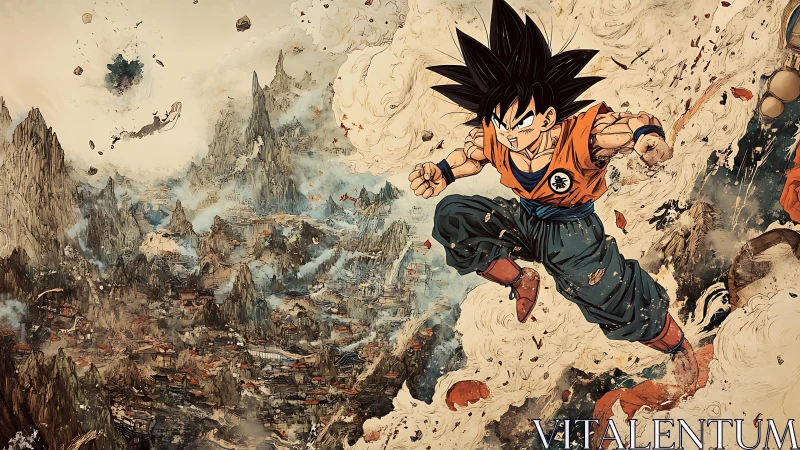 Energetic anime fighter flying over chaotic mountain cityscape.