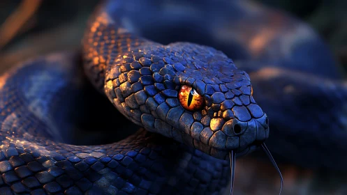 Coiled blue serpent with glowing orange reptile eyes.