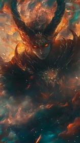 Infernal horned demon wreathed in cosmic firestorm.