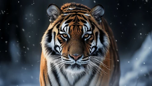 Snow-kissed tiger walks forward with calm, steady focus