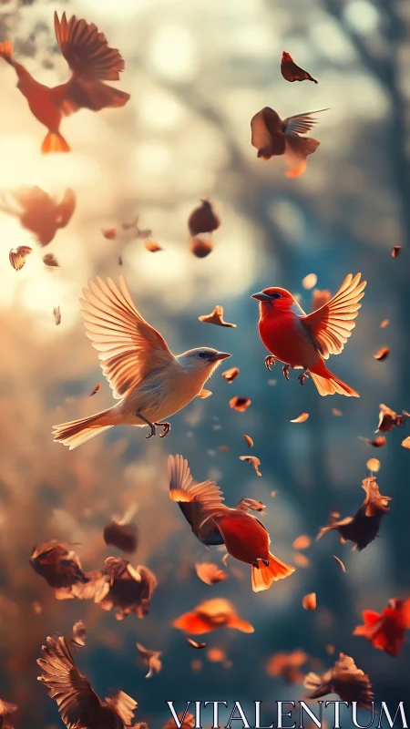 Soft autumn light welcomes dancing birds into gentle flight