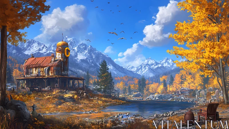 Rustic lakeside structure stands before distant alpine range