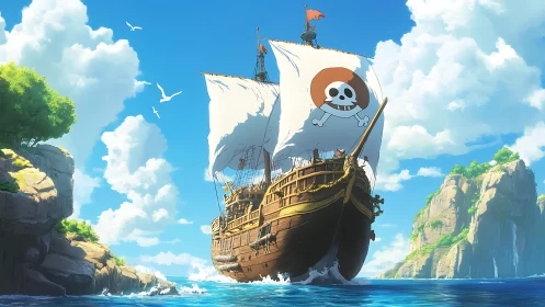 Pirate ship cuts bright tropical channel under soaring clouds.