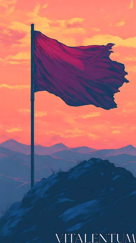 Crimson flag on summit ridge at sunset with stylized mountains