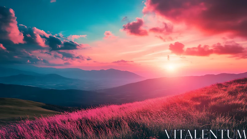 Chromatic gradient sunset over hyperreal alpine ridgeplain.