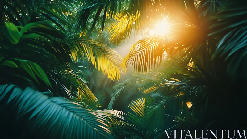 Backlit tropical palm canopy with volumetric sun rays and dense foliage