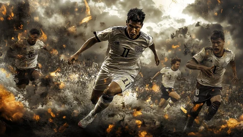 Intense digital scene of soccer players sprinting hard.