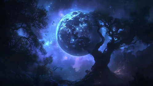 Luminous celestial moon framed by ancient twisting forest.