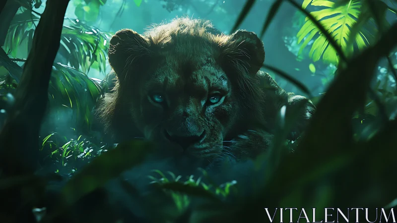Stealth lion with cyan eyes in cinematic jungle lighting.