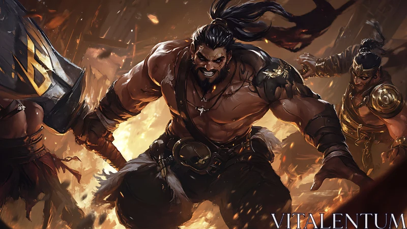 Battle-hardened warrior charges through blazing siege lines.